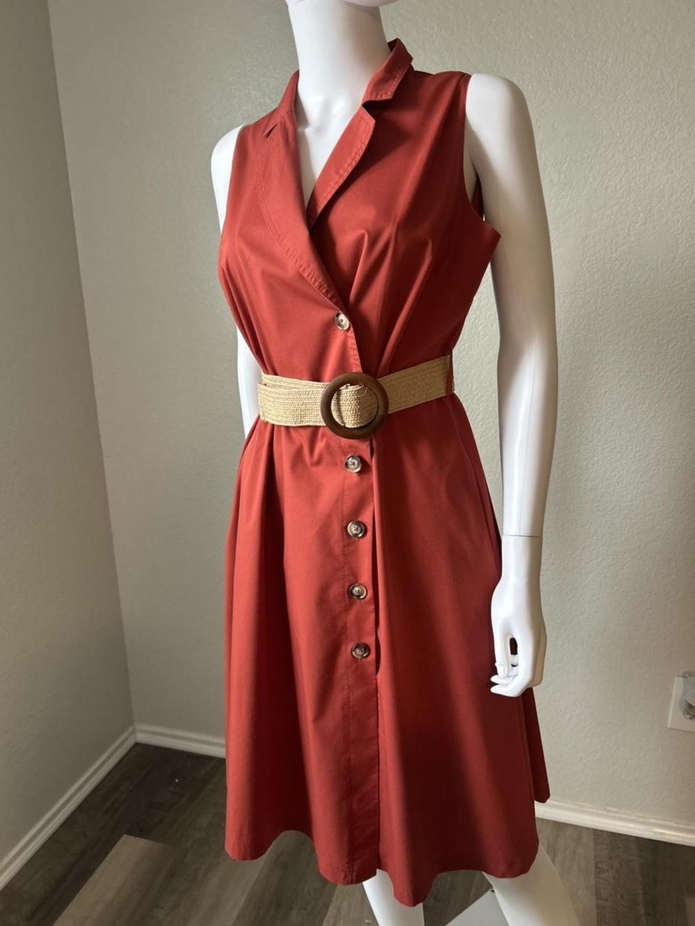 Sleeveless Rust Button-Front Shirt Dress with Belt